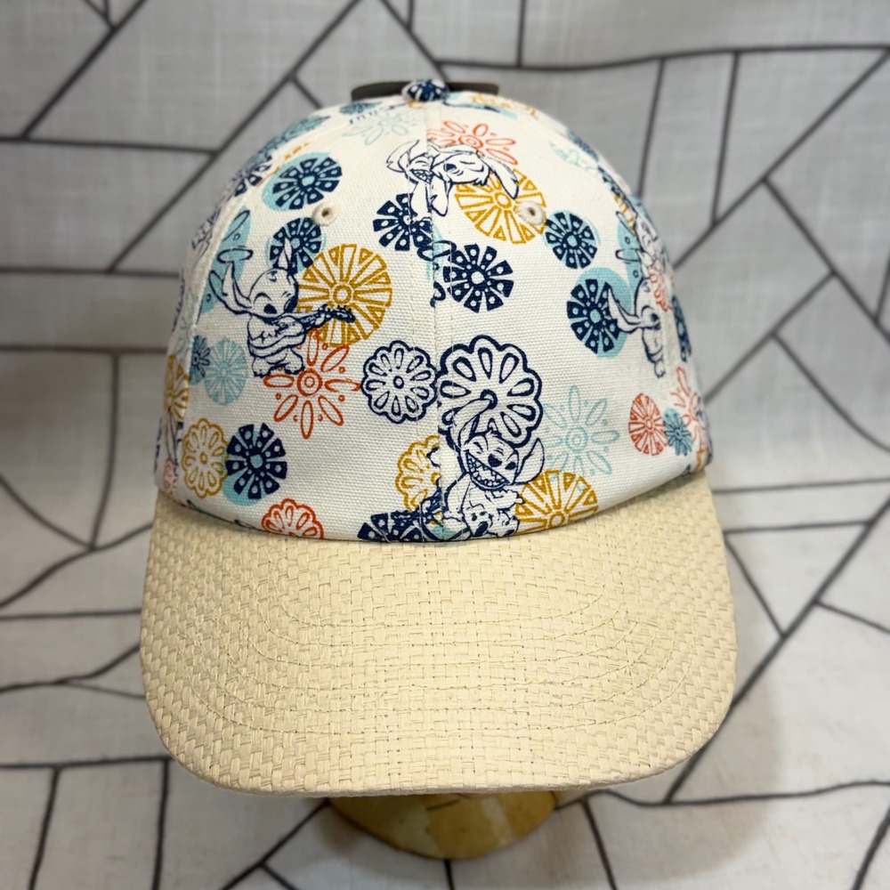 Disney Parks Stitch Baseball Hat OSFM White Tropical Floral Woven Brim
